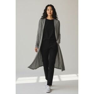 Eileen Fisher Petite Medium Black White Marled Rayon Long Duster Cardigan PM